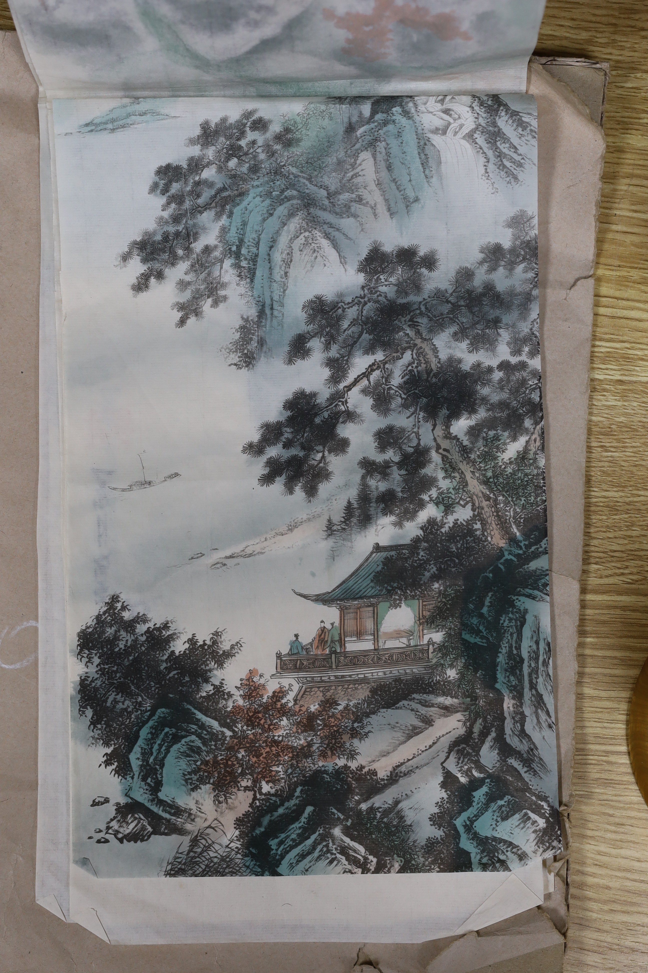 Chinese School, set of four woodblock prints, Mountainous landscapes, 67 x 20cm, unframed